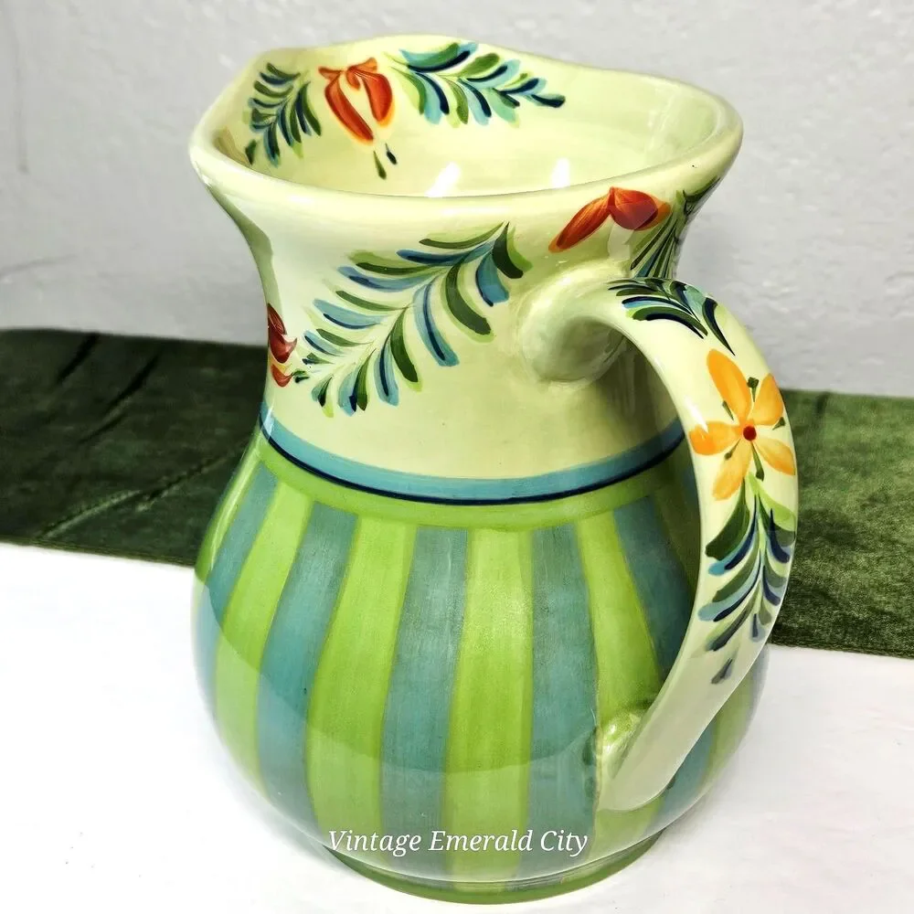 Vtg Large Provence Gail Pittman Water Pitcher Jug Flowers Green & Blue Stripes